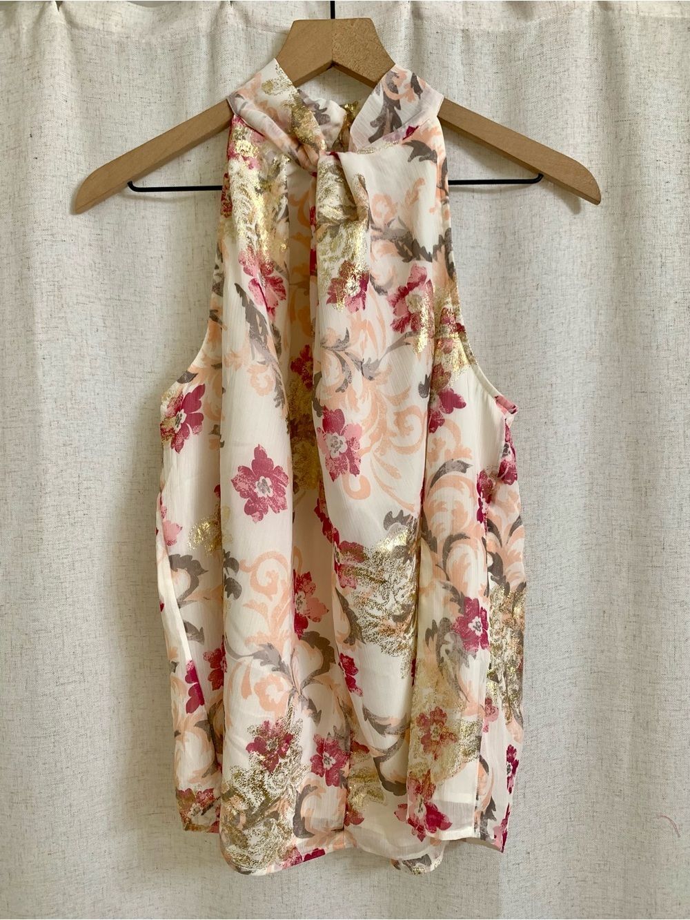 LOFT Ivory Floral Cream Gray Pink Gold Metallic Tie-Neck Halter Blouse M